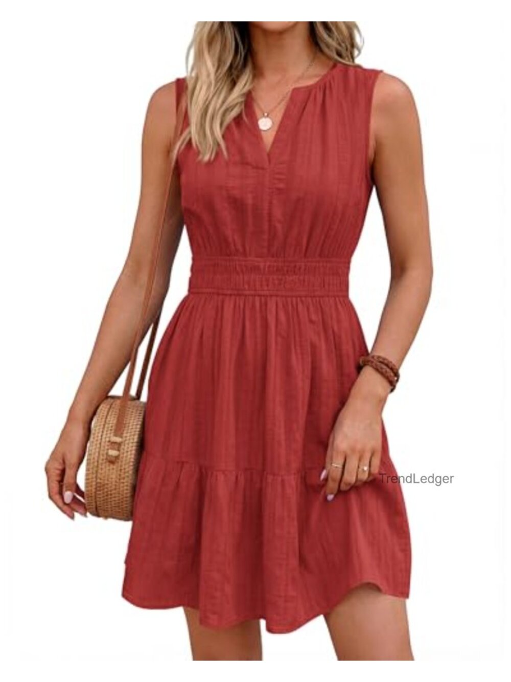Womens Sleeveless V Neck Mini Sundress A Line Tiered Summer Dress with Pockets